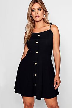 Boohoo Plus Tina Button Down Tie Strap Skater Dress