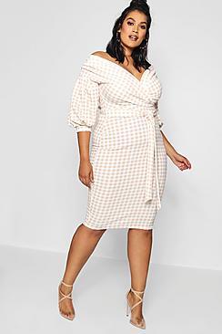 Boohoo Plus Gingham Off Shoulder Wrap Midi Dress