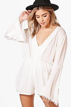 Boohoo Kate Pom Pom Detail Flare Sleeve Playsuit