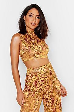 Boohoo Animal Print High Neck Open Back Crop Top