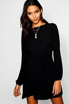 Boohoo Woven Tie Belt Gathered Shift Dress
