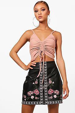 Boohoo Florence Embroidered Leather Look A Line Skirt