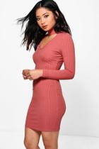 Boohoo Petite Sadie Rib Knit Choker Dress Rose