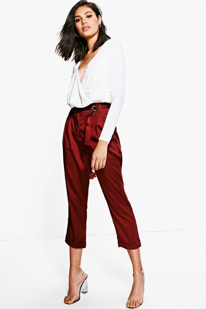 Boohoo Mia D Ring Belted Cropped Slim Fit Trousers Wine
