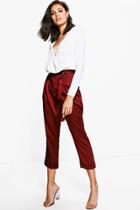 Boohoo Mia D Ring Belted Cropped Slim Fit Trousers Wine