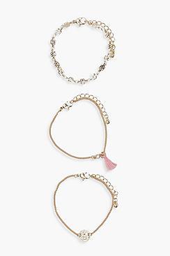 Boohoo Mel Tassel & Coin Chain Bracelet 3 Pack