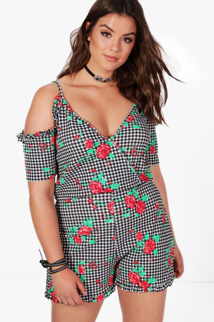 Boohoo Plus Ellie Gingham Floral Print Playsuit Multi