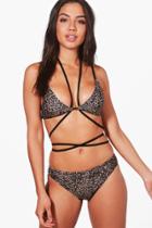 Boohoo Miami Animal Criss Cross Bikini Brown