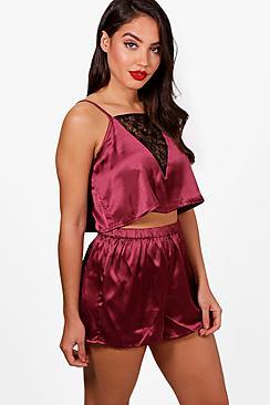 Boohoo Bethany Lace Front Satin Crop And Short Set
