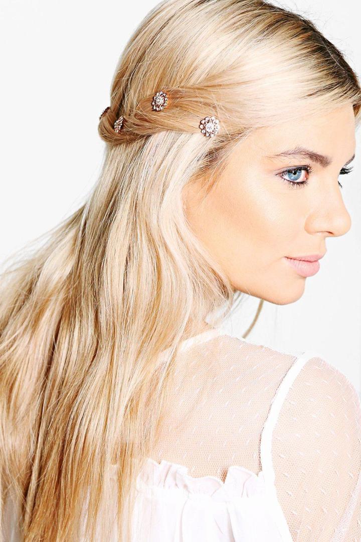 Boohoo Macey Bridal Diamante Floral Spiral Hair Clips Gold
