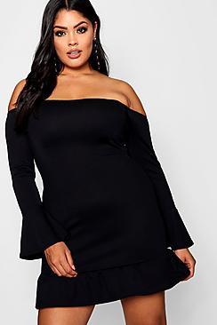 Boohoo Plus Una Fluted Sleeve Bardot Smock Dress