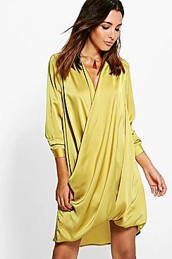Boohoo Jinnie Satin Wrap Front Shift Dress