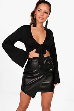 Boohoo Petite Freya Wide Sleeve Knot Front Top