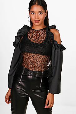 Boohoo Ruby Ruffle Lace Cold Shoulder Top