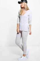 Boohoo Amy Rib Knit Choker Loungewear Set Silver