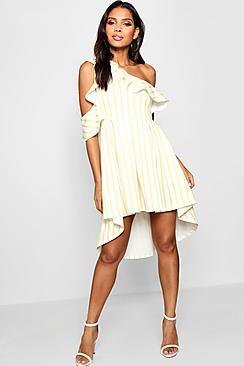 Boohoo Hannah Stripe Frill Shoulder Detail Skater Dress