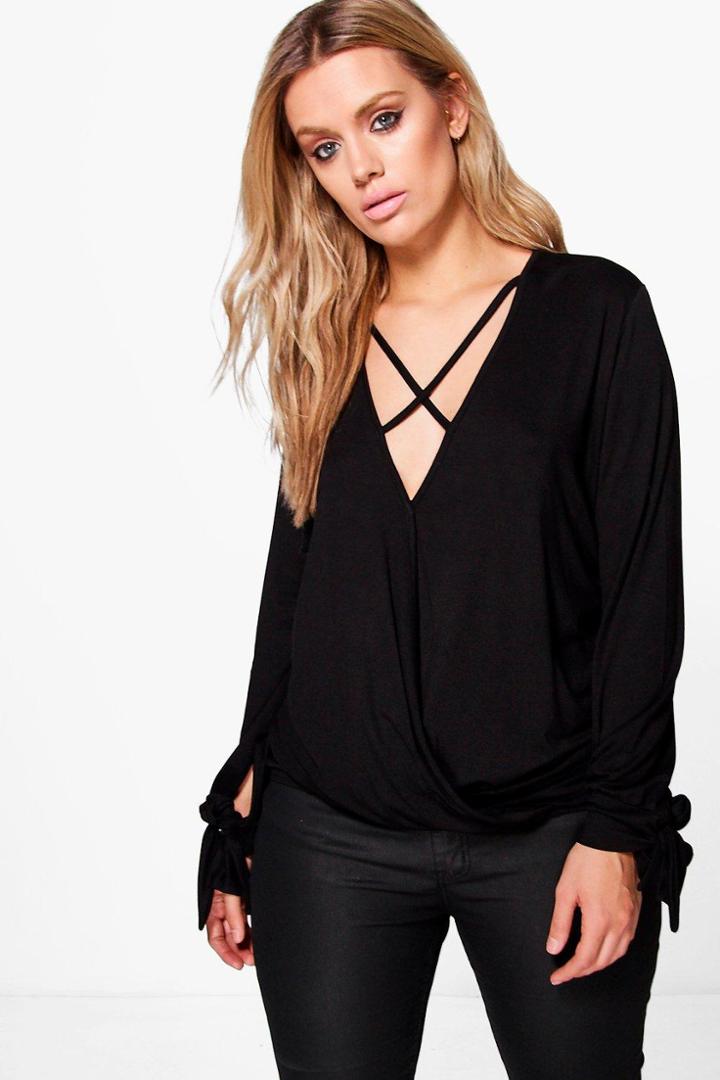 Boohoo Plus Danielle Cross Front Wrap Tie Sleeve Top Black
