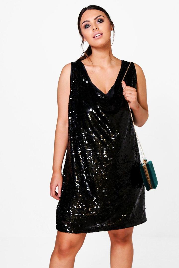 Boohoo Plus Emily Plunge Sequin Shift Dress Black