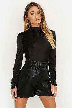 Boohoo Premium Satin Ruched Arm High Neck Blouse