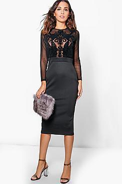 Boohoo Fiona Flocked Long Sleeve Bodycon Midi Dress