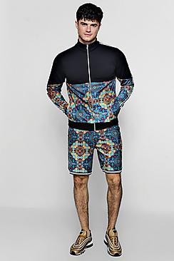 Boohoo Moroccan Print Short Tracksuit With Contrast Taping