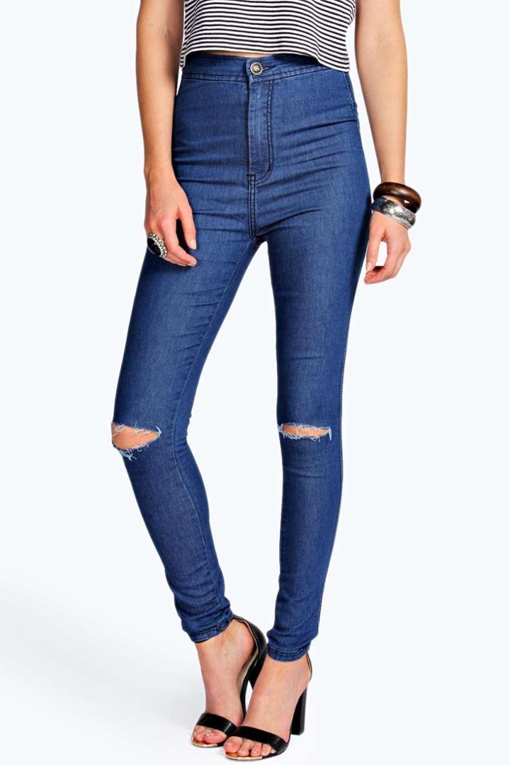 Boohoo Lara High Rise Ripped Knee Tube Jeans Indigo