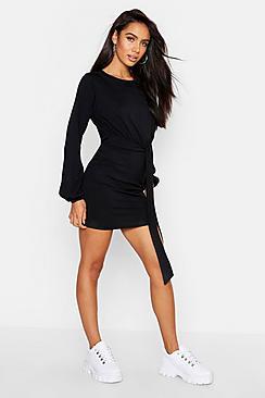 Boohoo Rib Tie Belt Bodycon Mini Dress