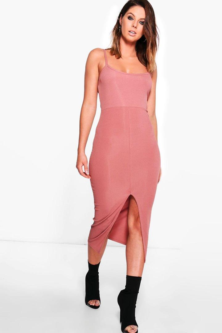 Boohoo Lucie Ribbed Strappy Midi Bodycon Dress Rose