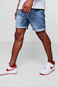 Boohoo Slim Fit Denim Short In Mid Blue