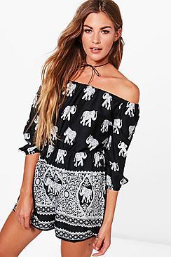 Boohoo Piper Elephant Print Off The Shoulder Rope Belt Playsuit