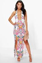 Boohoo Kirst Cut Out Halter Neck Tropical Print Maxi Dress Multi