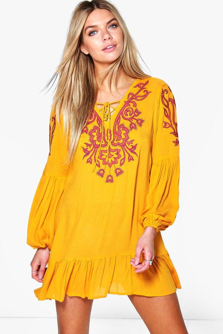 Boohoo Tisha Embroidered Frill Hem Smock Dress Mustard
