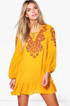 Boohoo Tisha Embroidered Frill Hem Smock Dress Mustard