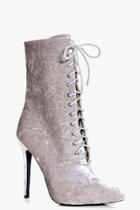 Boohoo Annie Crushed Velvet Lace Up Shoe Boot Champagne