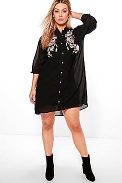 Boohoo Plus Eva Embroidered Shirt Dress