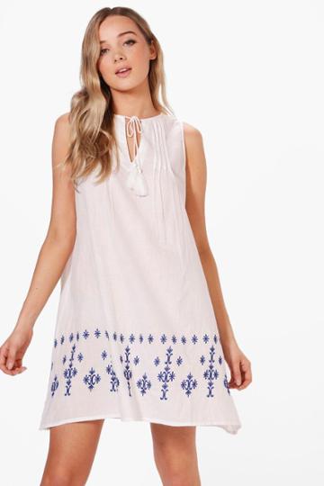 Boohoo Lola Embroidered Swing Dress Blue