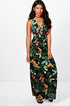 Boohoo Tia Tropical Print Cut Out Strappy Front Maxi Dress