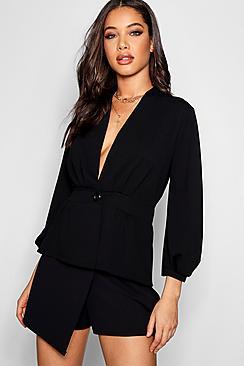 Boohoo Hollie Balloon Sleeve Pleated Button Blazer