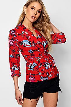Boohoo Poppy Long Sleeve Floral Wrap Tie Top