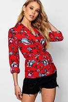 Boohoo Poppy Long Sleeve Floral Wrap Tie Top