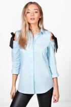 Boohoo Fabienne Tie Detail Cold Shoulder Shirt Blue