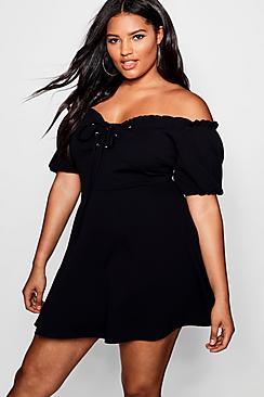 Boohoo Plus Lara Lace Up Front Puff Sleeve Skater Dress