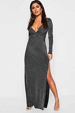 Boohoo Metallic Stripe Knot Front Maxi Dress