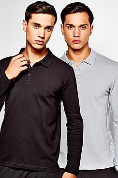 Boohoo 2 Pack Long Sleeve Pique Polos In Slim Fit