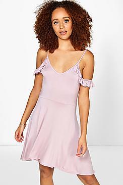 Boohoo Ruffle Cold Shoulder Skater Dress