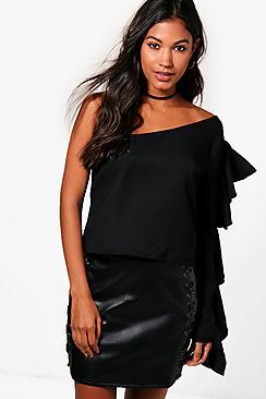 Boohoo Leah One Shoulder Ruffle Woven Top