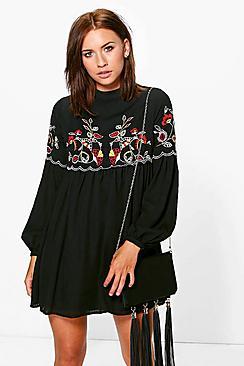 Boohoo Petite Connie Embroidered Smock Dress