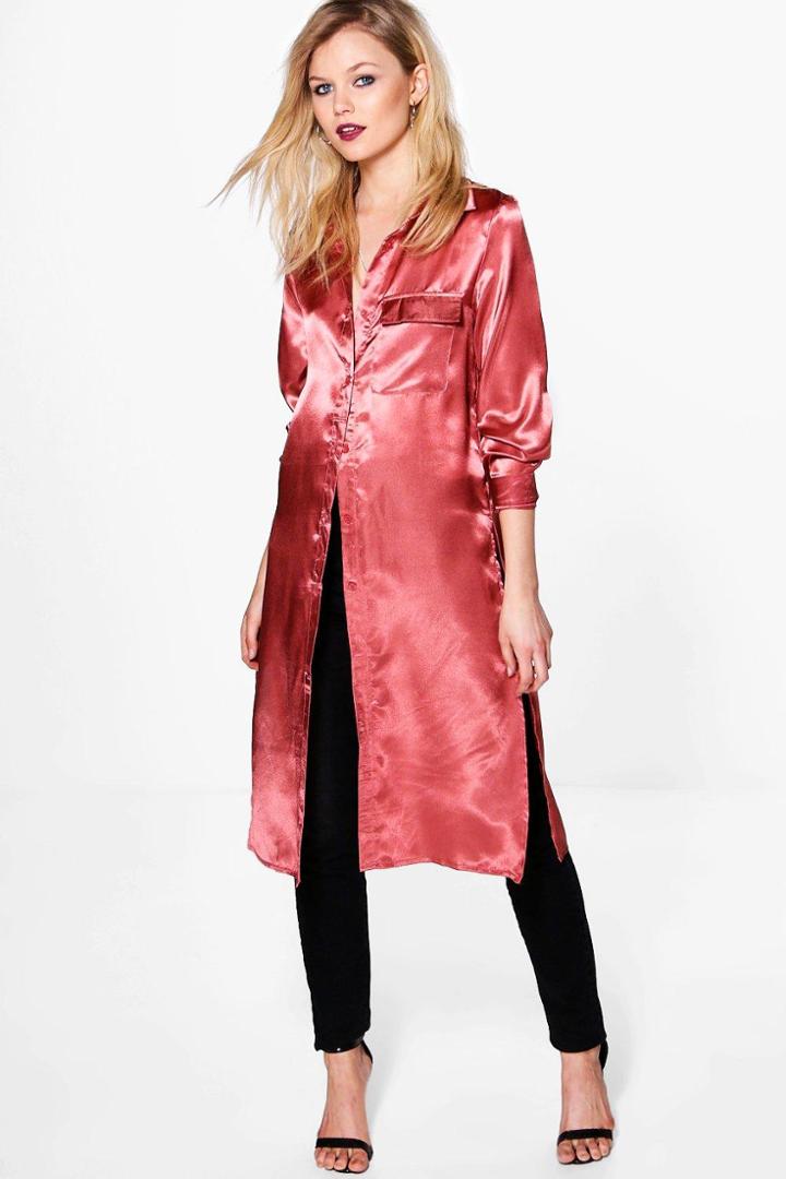 Boohoo Petite Rachel Maxi Satin Shirt Rose