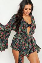 Boohoo Plus Floral Print Extreme Sleeve Wrap Front Top