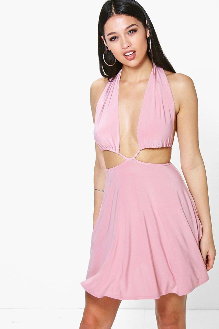 Boohoo Chelsea Cut Out Detail Skater Dress Peach